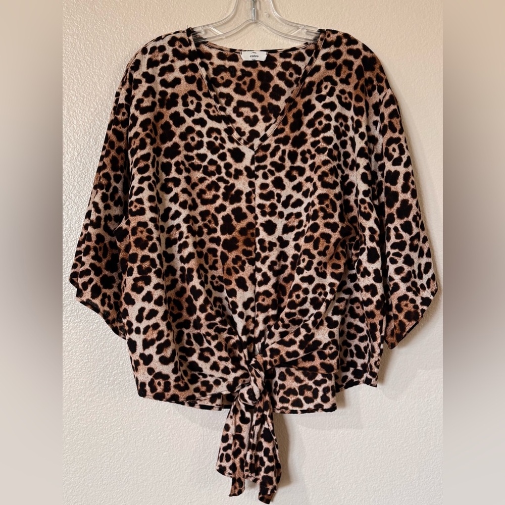 Entro Leopard Print Oversized Tie-Front Blouse V-Neck Dolman Sleeve Sz M